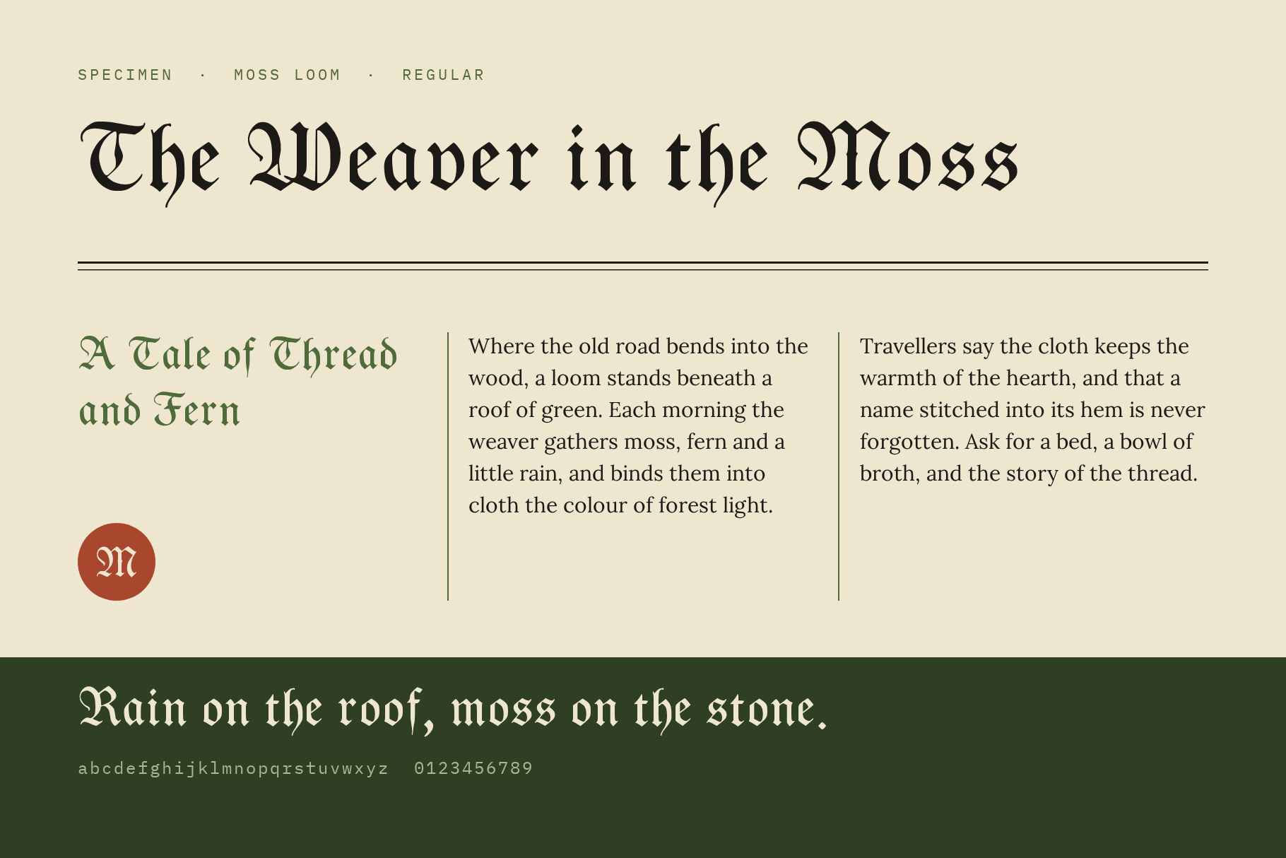 Moss Loom specimen page headed The Weaver in the Moss with a subtitle, two text columns and a green footer line