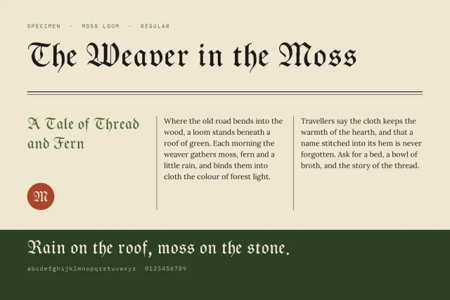 Moss Loom specimen page headed The Weaver in the Moss with a subtitle, two text columns and a green footer line