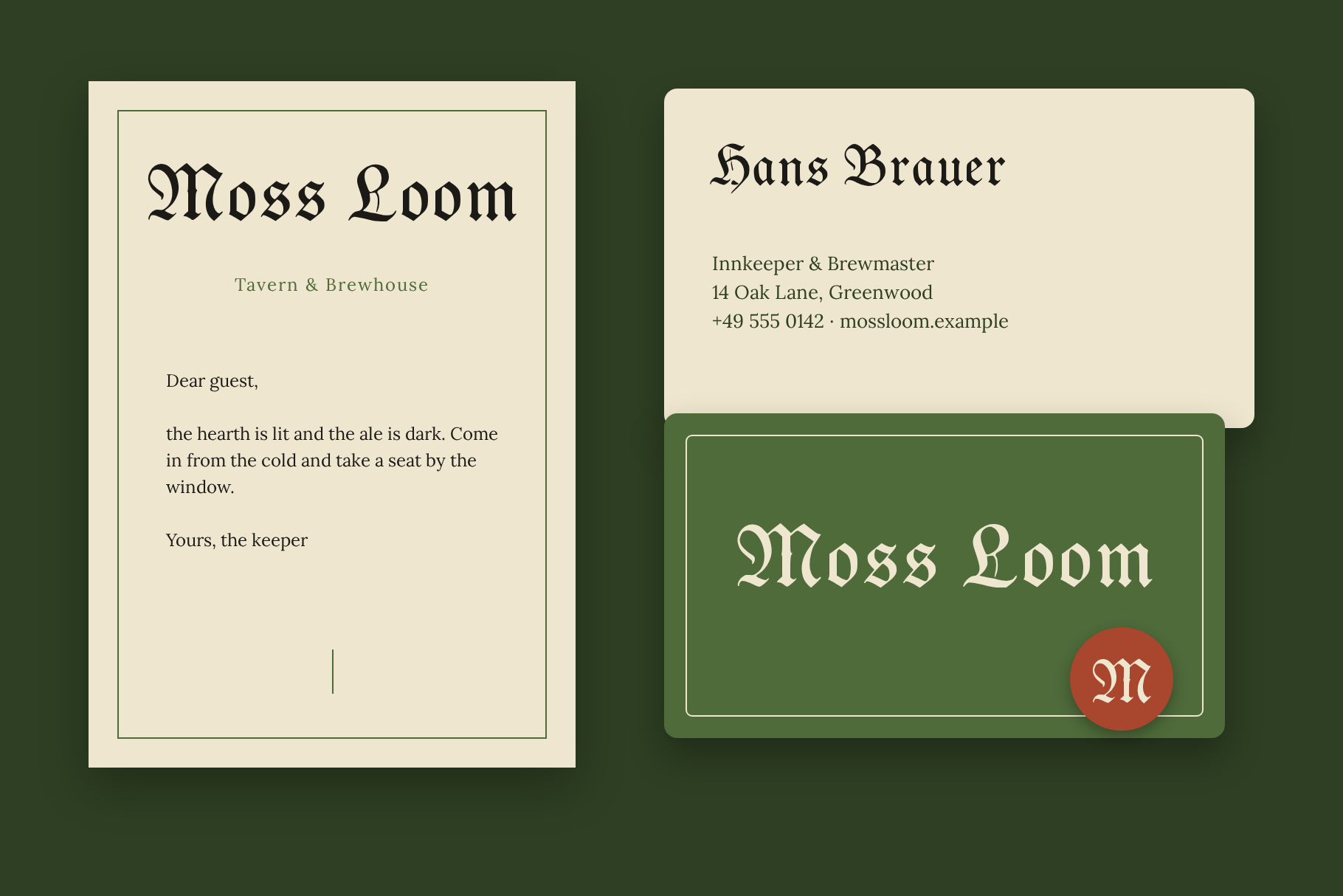 Moss Loom brewhouse stationery with a letterhead, a cream business card and a green card with a red M seal