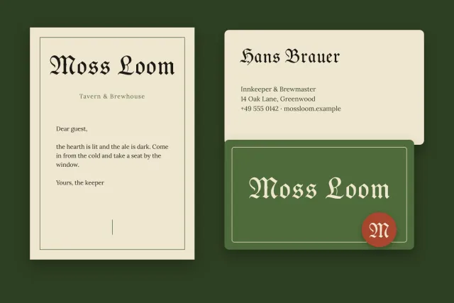 Moss Loom brewhouse stationery with a letterhead, a cream business card and a green card with a red M seal