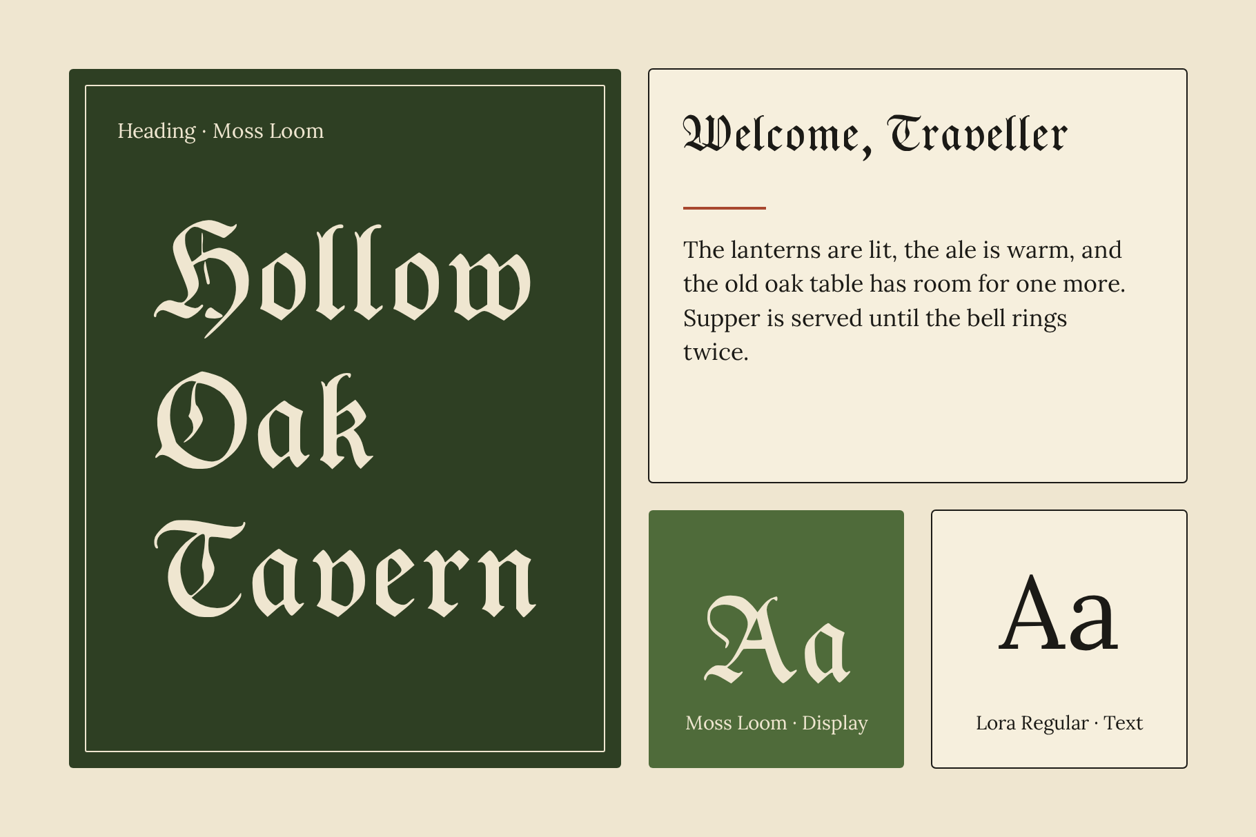 Moss Loom pairing card with Hollow Oak Tavern in cream on green next to a serif text block and Aa samples