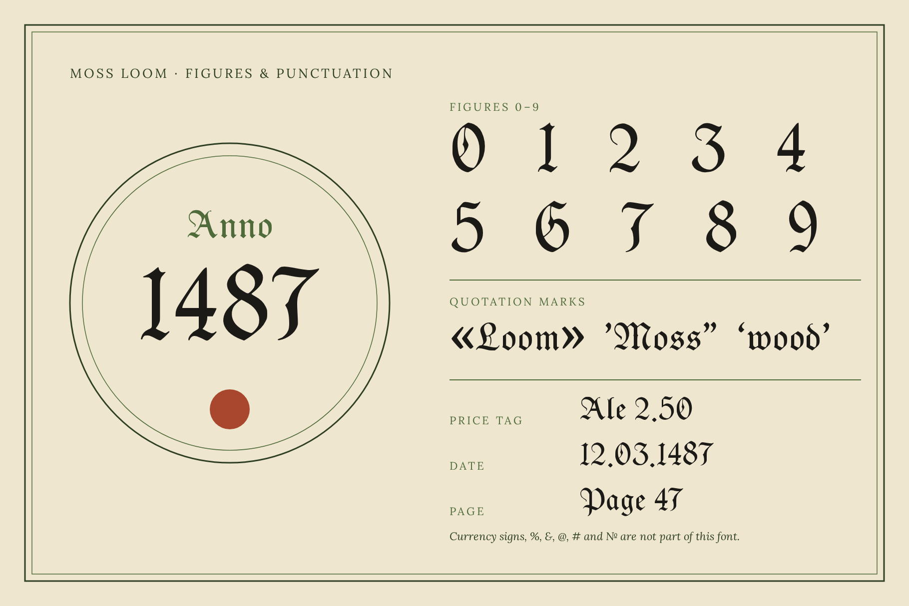 Moss Loom figures and punctuation with Anno 1487 in a circle, figures 0 to 9, quotation marks and a price tag
