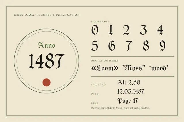 Moss Loom figures and punctuation with Anno 1487 in a circle, figures 0 to 9, quotation marks and a price tag