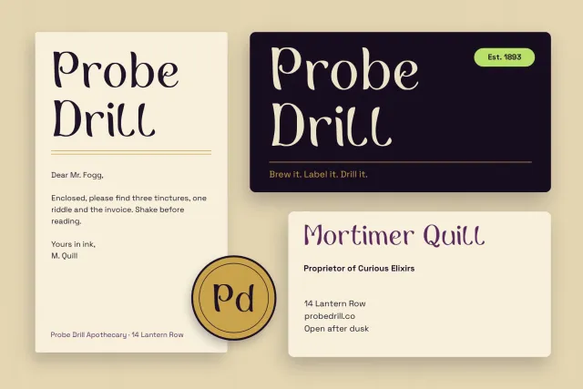 Probe Drill font used in a brand identity set: logo, stationery and labels