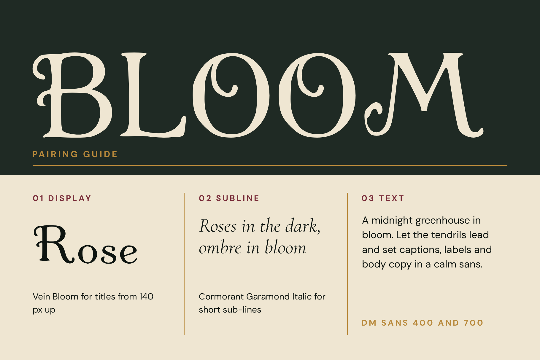 Vein Bloom font pairing card with a quiet companion typeface for body text and captions
