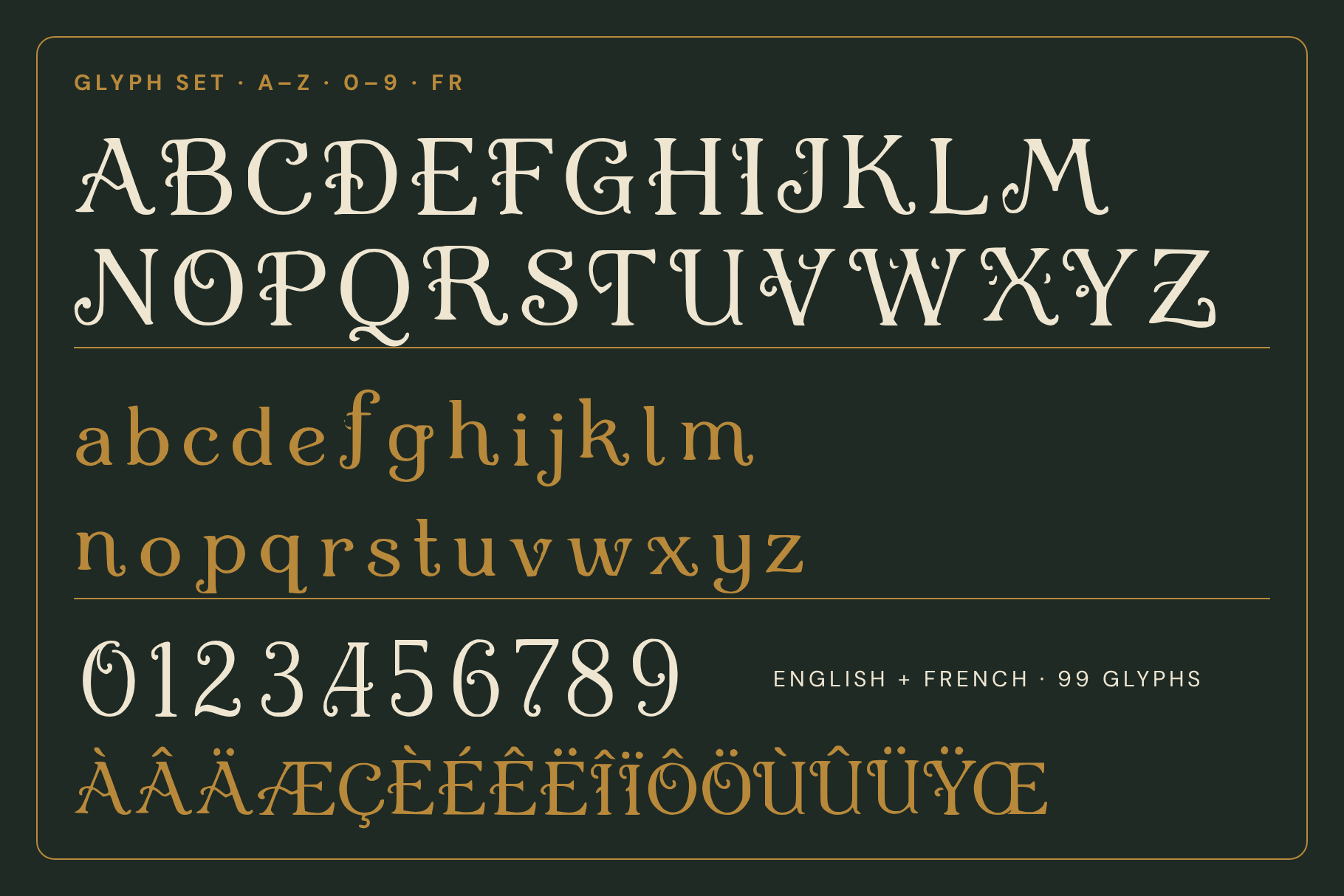 Vein Bloom character set card showing the uppercase, lowercase and accented glyphs
