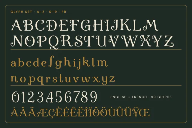 Vein Bloom character set card showing the uppercase, lowercase and accented glyphs