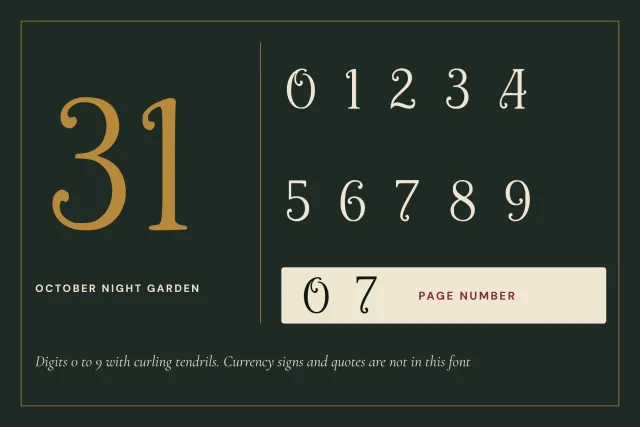 Vein Bloom numerals and punctuation set displayed large on one card