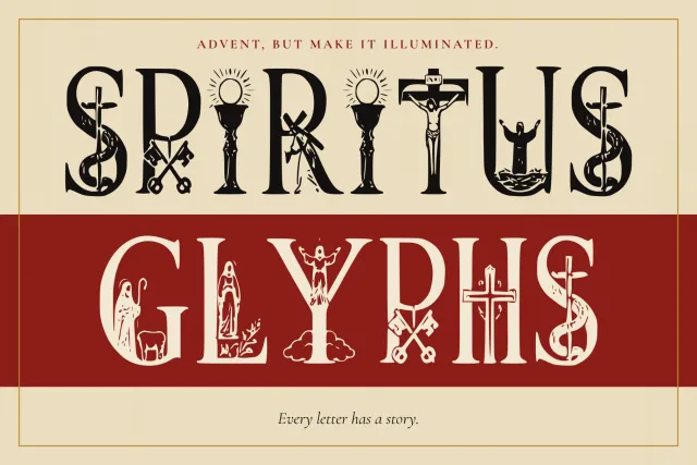 Spiritus Glyphs cover: SPIRITUS GLYPHS in illustrated capitals on cream and burgundy, tagline Every letter has a story