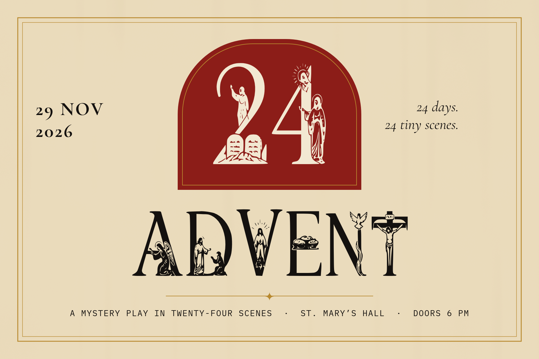 Spiritus Glyphs Advent poster: burgundy arch with a large 24 above the word ADVENT, date and mystery play details