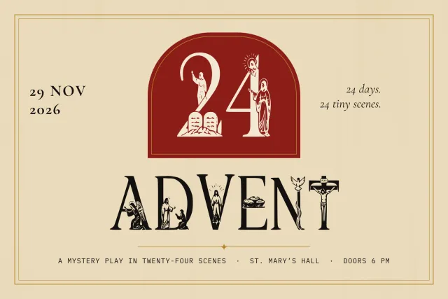 Spiritus Glyphs Advent poster: burgundy arch with a large 24 above the word ADVENT, date and mystery play details