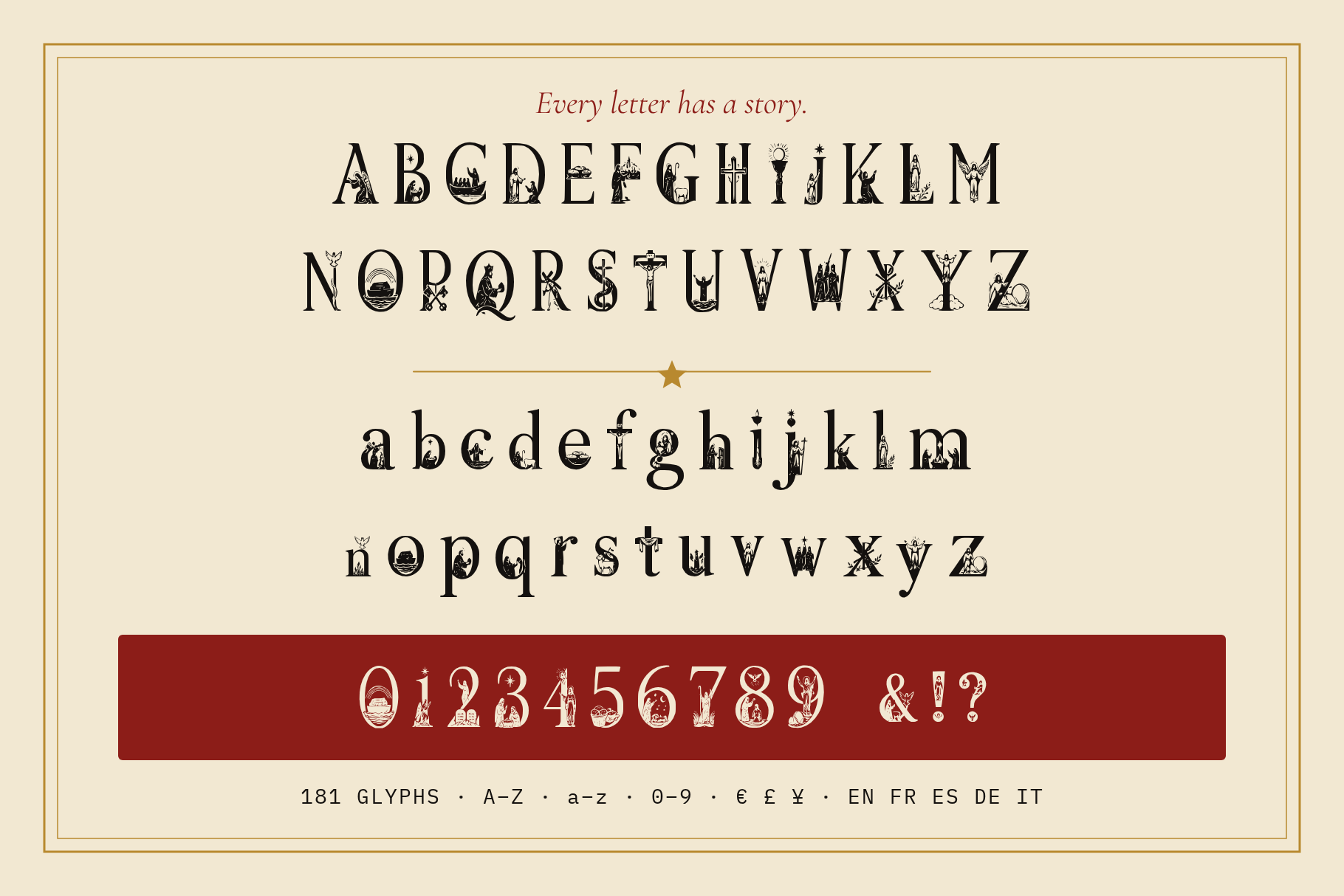 Spiritus Glyphs character set: capitals, lowercase, figures and symbols with scenes, on cream with a burgundy band