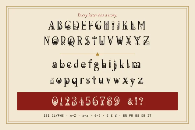 Spiritus Glyphs character set: capitals, lowercase, figures and symbols with scenes, on cream with a burgundy band