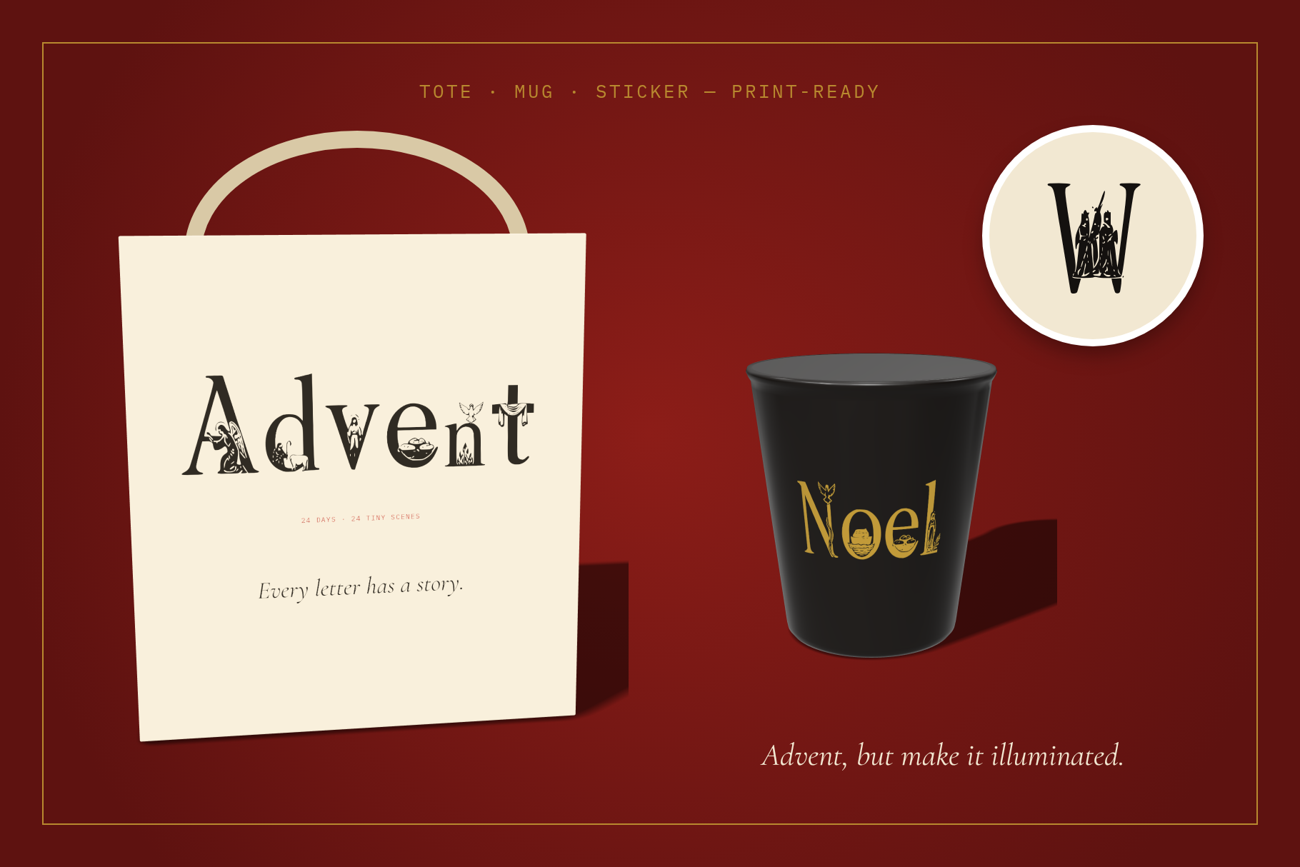 Spiritus Glyphs merch: cream tote bag printed Advent, black candle cup labelled Noel and a round W sticker on red