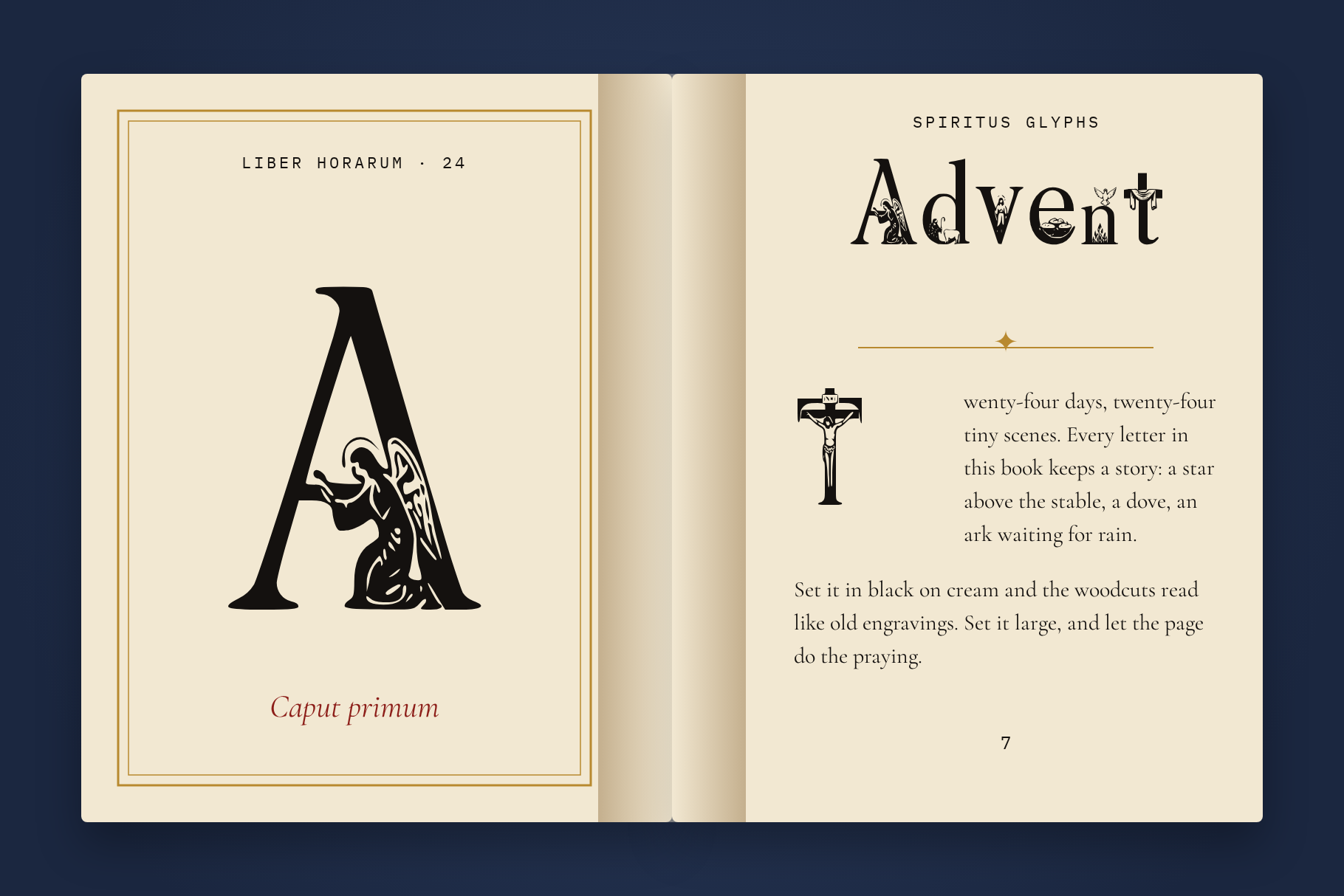 Spiritus Glyphs in a book spread: large illuminated A on the left page, Advent heading and small text on the right