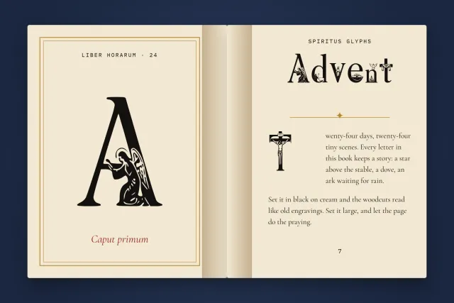 Spiritus Glyphs in a book spread: large illuminated A on the left page, Advent heading and small text on the right