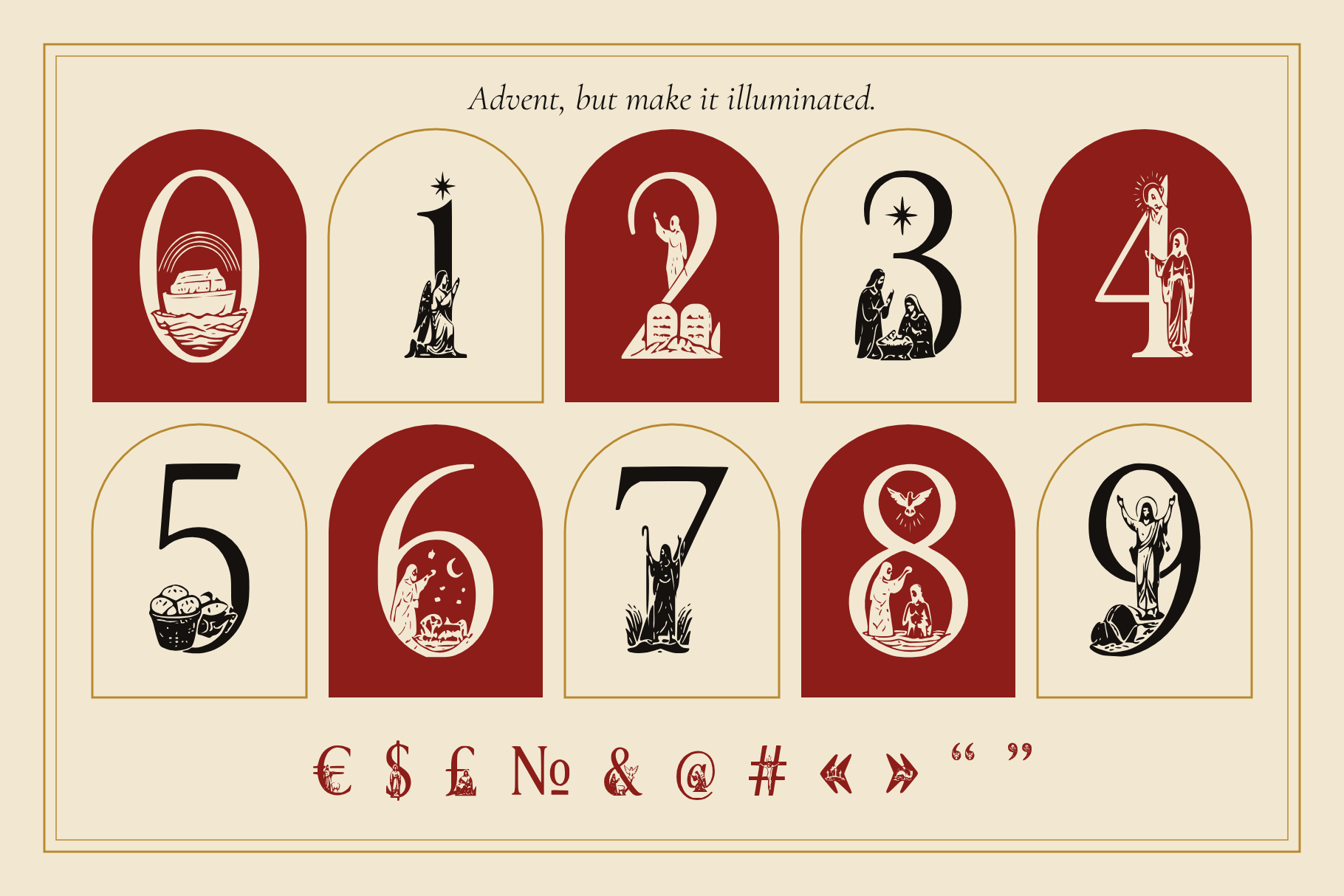 Spiritus Glyphs figures 0 to 9 in arched windows, with currency signs, ampersand and quotation marks below