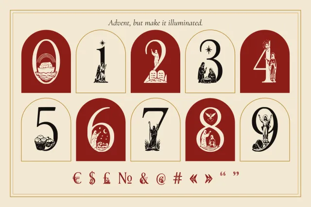 Spiritus Glyphs figures 0 to 9 in arched windows, with currency signs, ampersand and quotation marks below