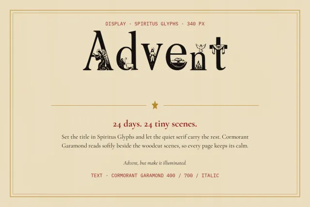 Spiritus Glyphs headline Advent above body text in a serif pairing, with a gold star divider on cream