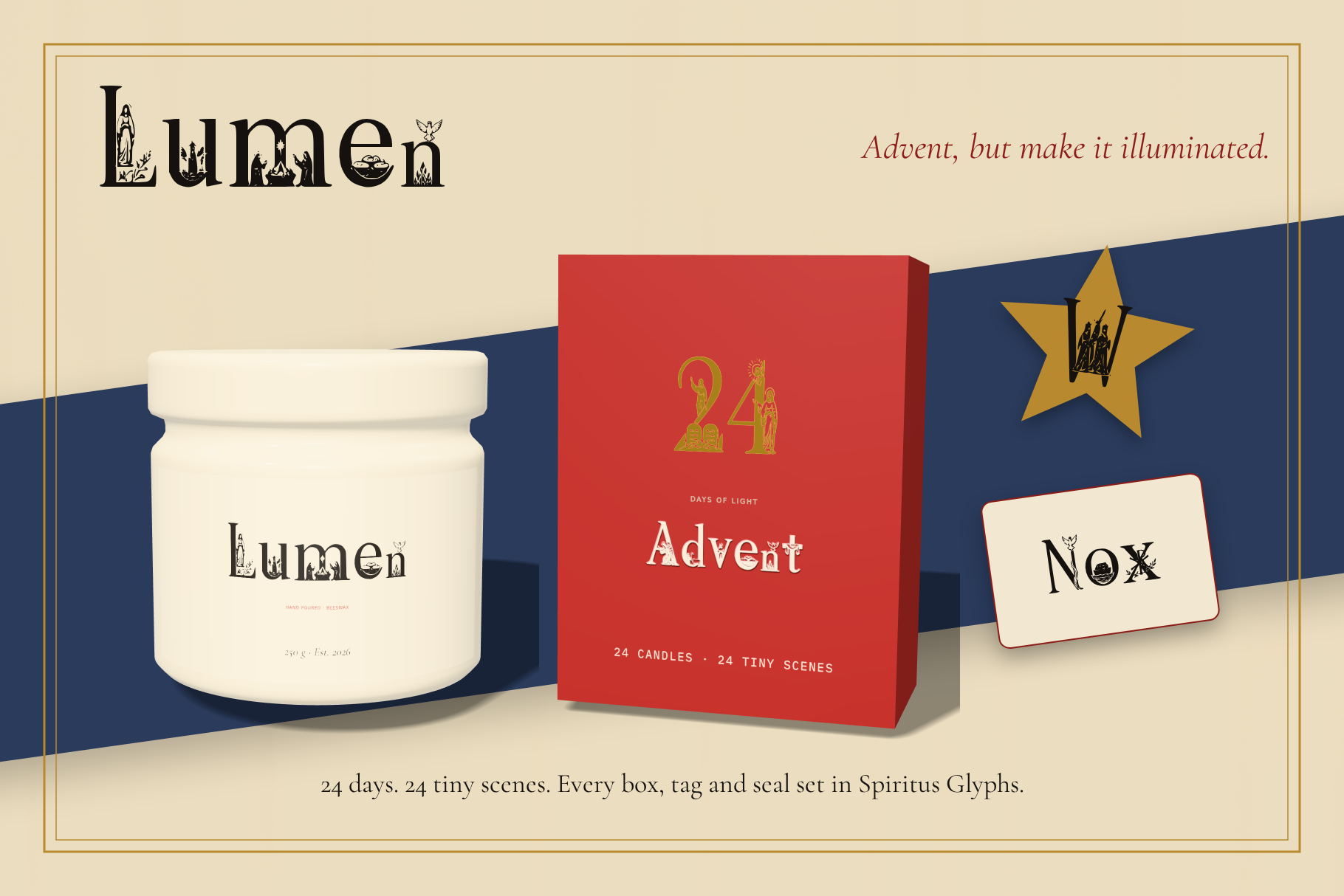 Spiritus Glyphs packaging: cream candle jar Lumen, red Advent box with 24, gold star seal and Nox tag on navy