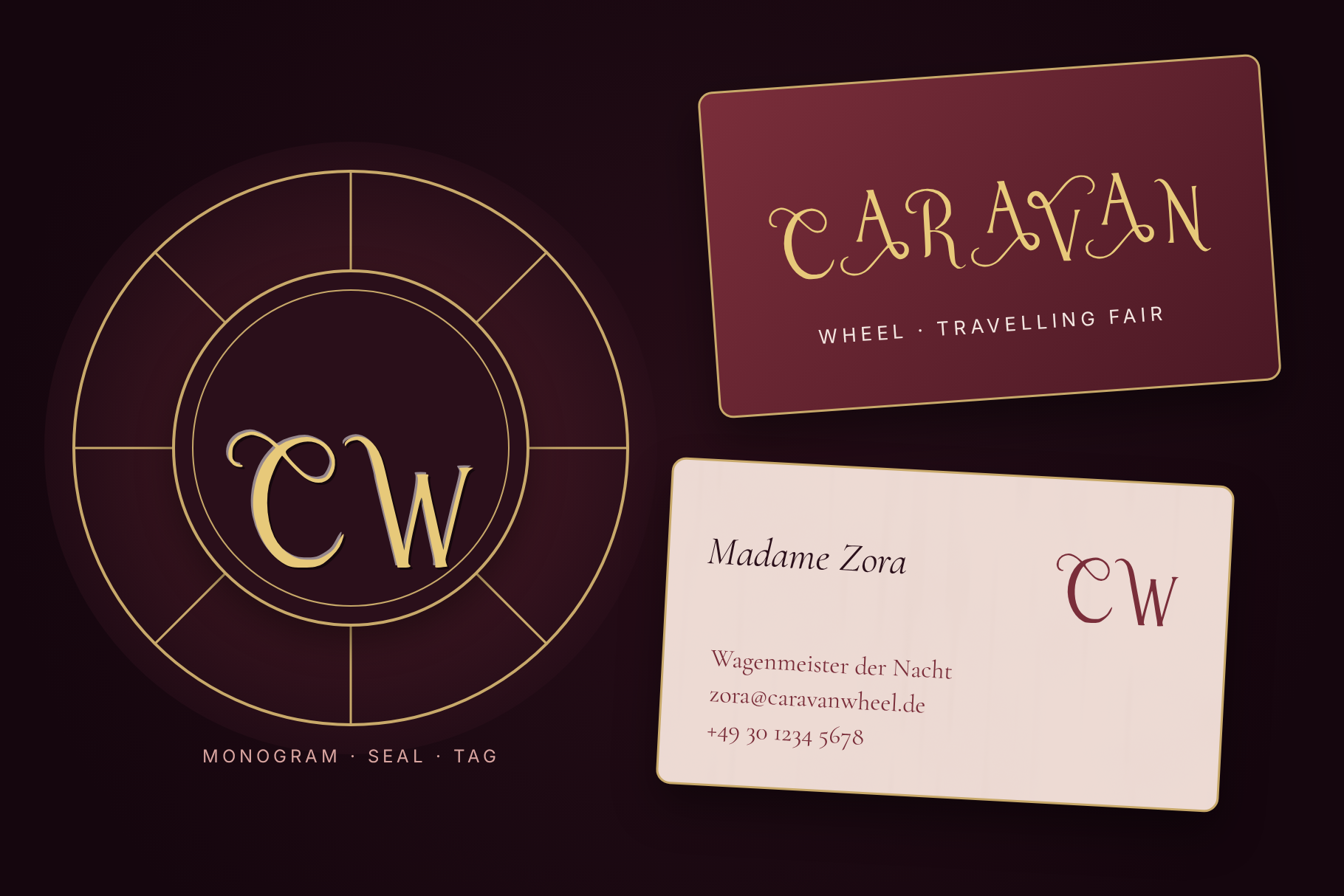 Caravan Wheel font in a brand identity set with logo, stationery and labels