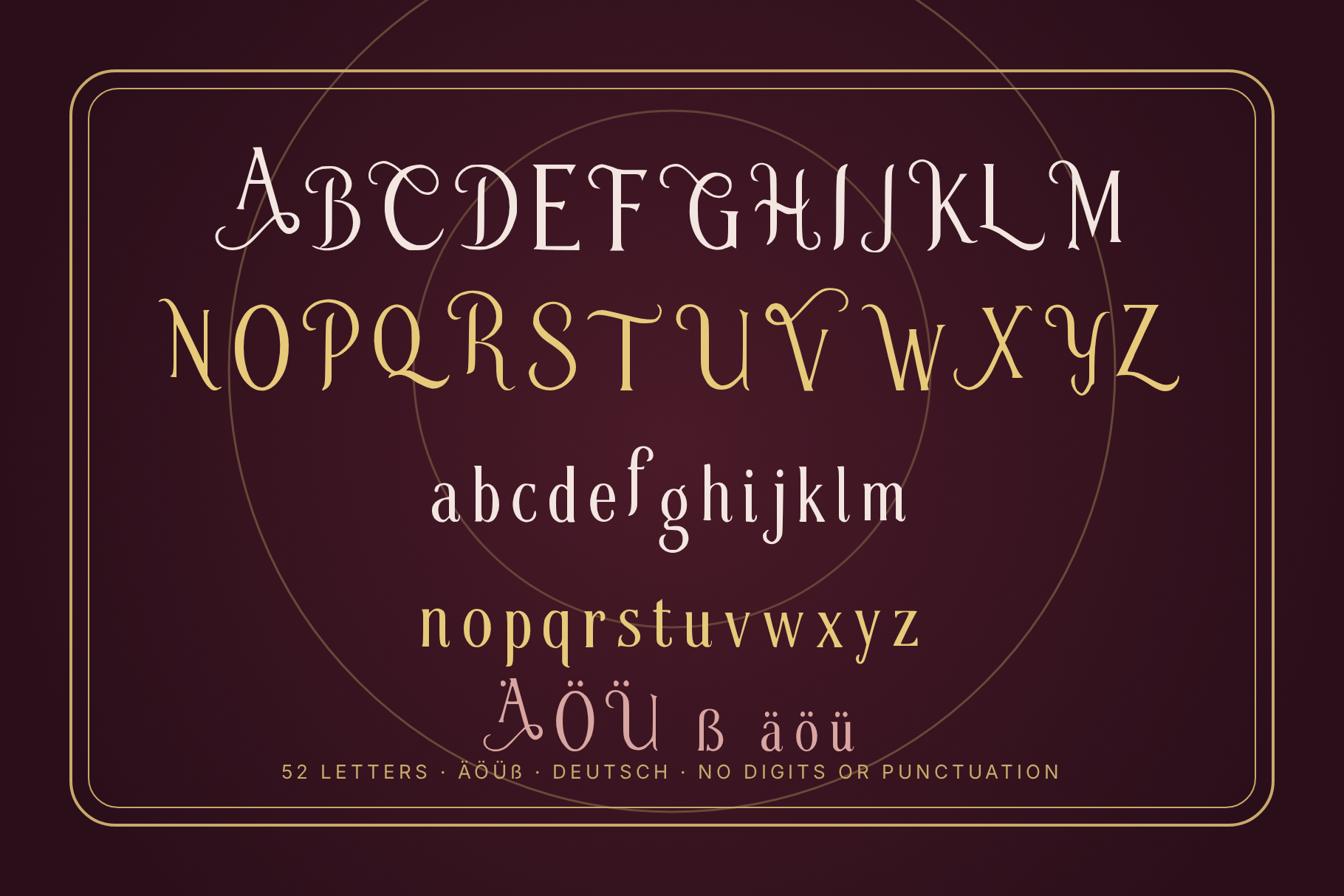 Caravan Wheel font character set with uppercase, lowercase, numerals and German umlauts