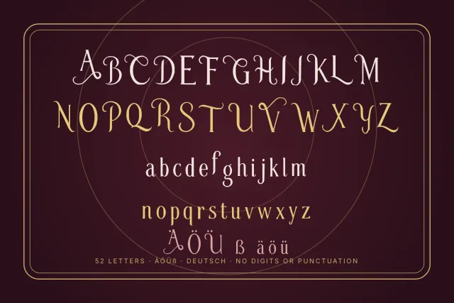 Caravan Wheel font character set with uppercase, lowercase, numerals and German umlauts