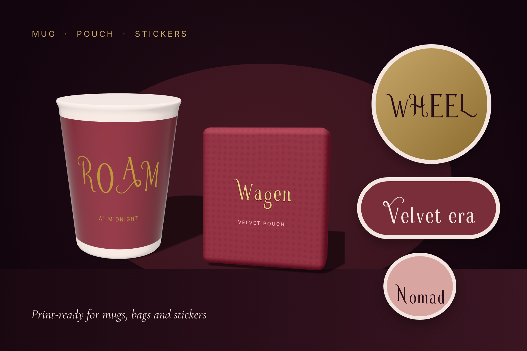 Caravan Wheel font printed on merchandise as a mock-up