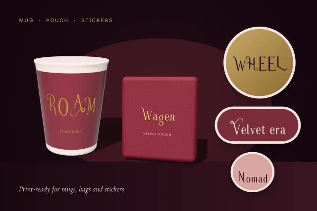 Caravan Wheel font printed on merchandise as a mock-up