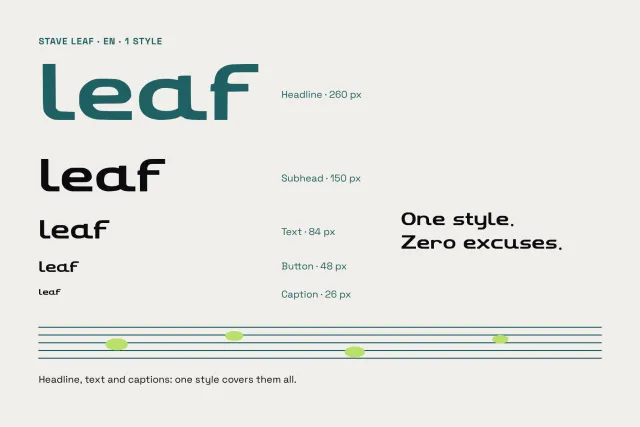 Stave Leaf one style shown from a 260 px headline to a 26 px caption with the word leaf