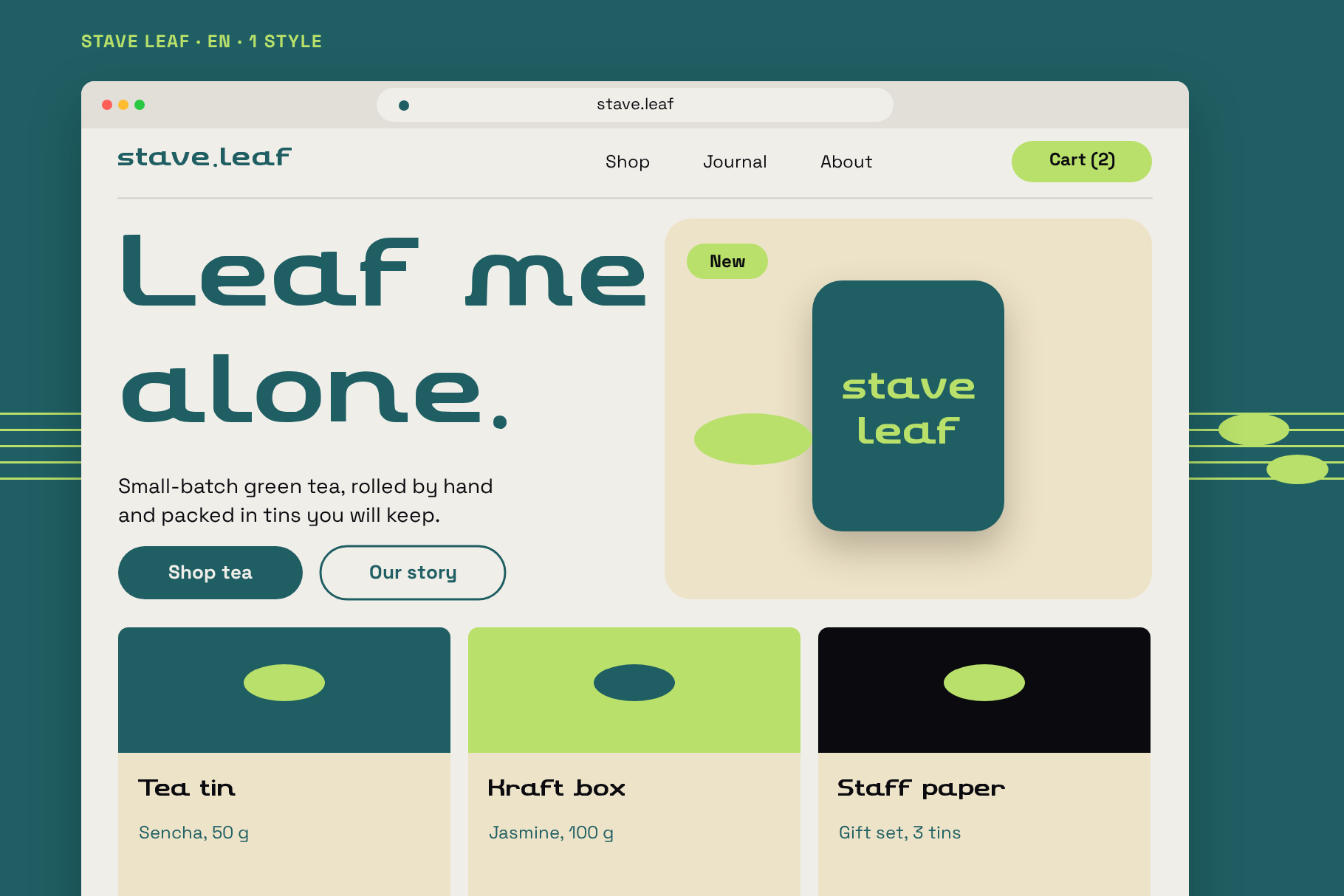 Stave Leaf on a green tea shop website in a browser with the headline Leaf me alone.