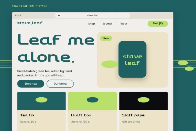 Stave Leaf on a green tea shop website in a browser with the headline Leaf me alone.