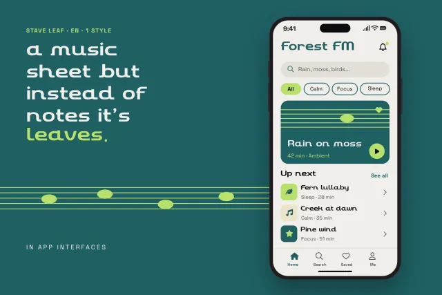 Stave Leaf in a nature sound app called Forest FM on a phone beside a lowercase teal slogan