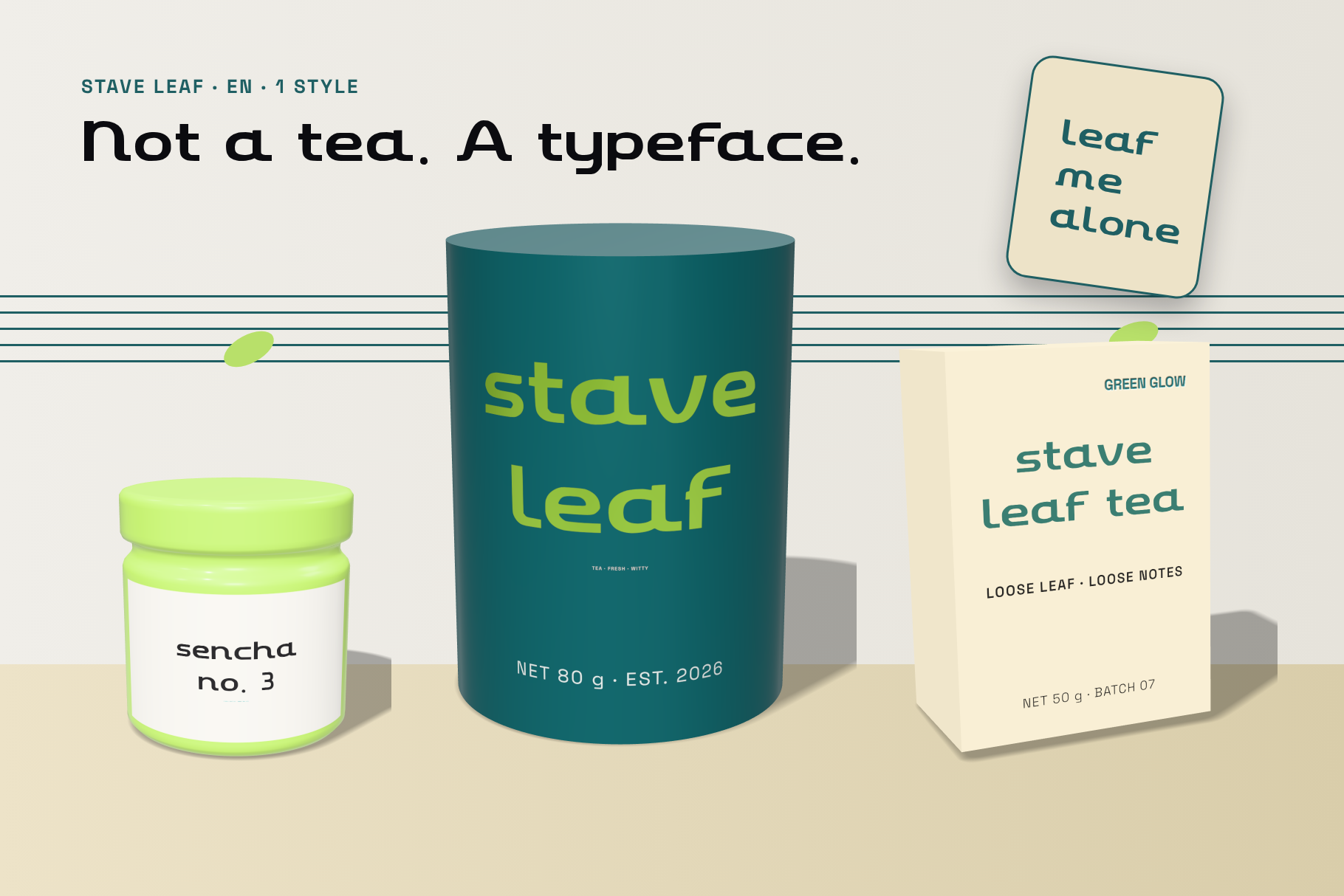 Stave Leaf packaging set with a teal tin, a sencha jar and a loose leaf tea bag labelled in the font