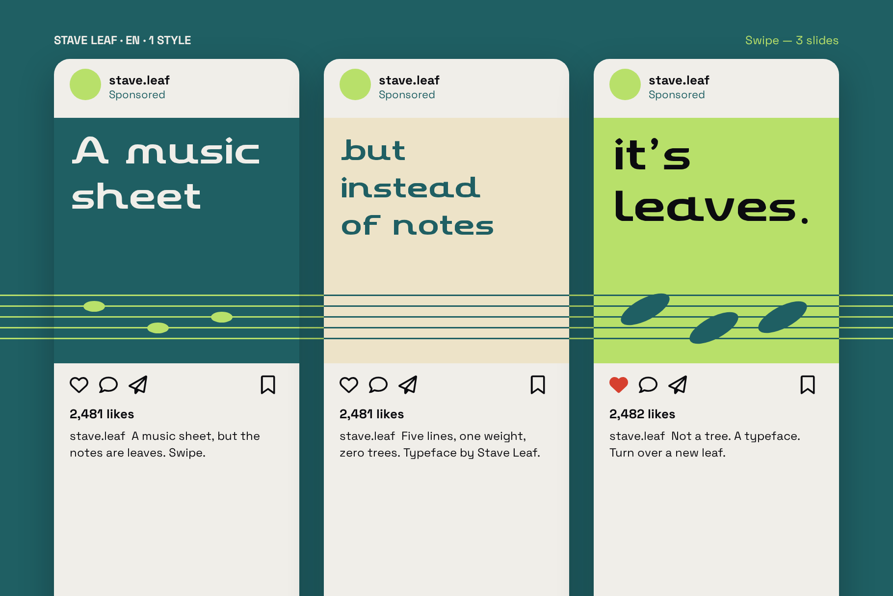 Stave Leaf social carousel of three posts reading A music sheet, but instead of notes, it's leaves.