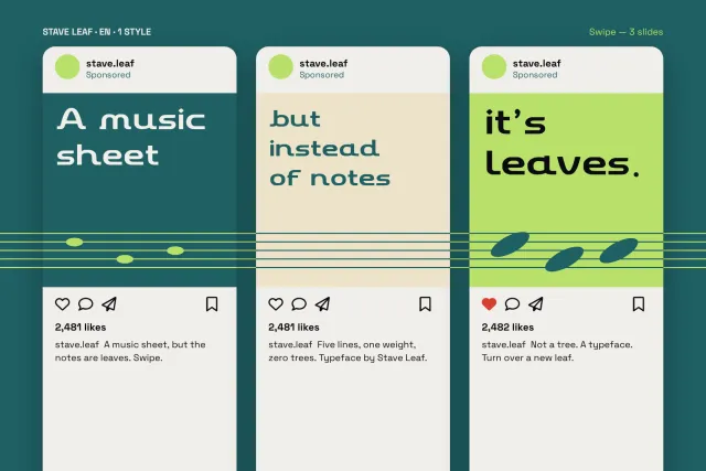 Stave Leaf social carousel of three posts reading A music sheet, but instead of notes, it's leaves.