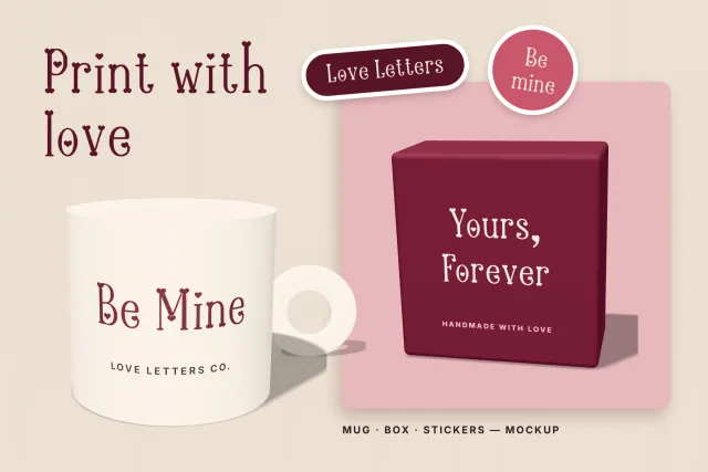 Heartbound Aafiyah merch mockup with a Be Mine mug, a Yours, Forever gift box and Love Letters stickers