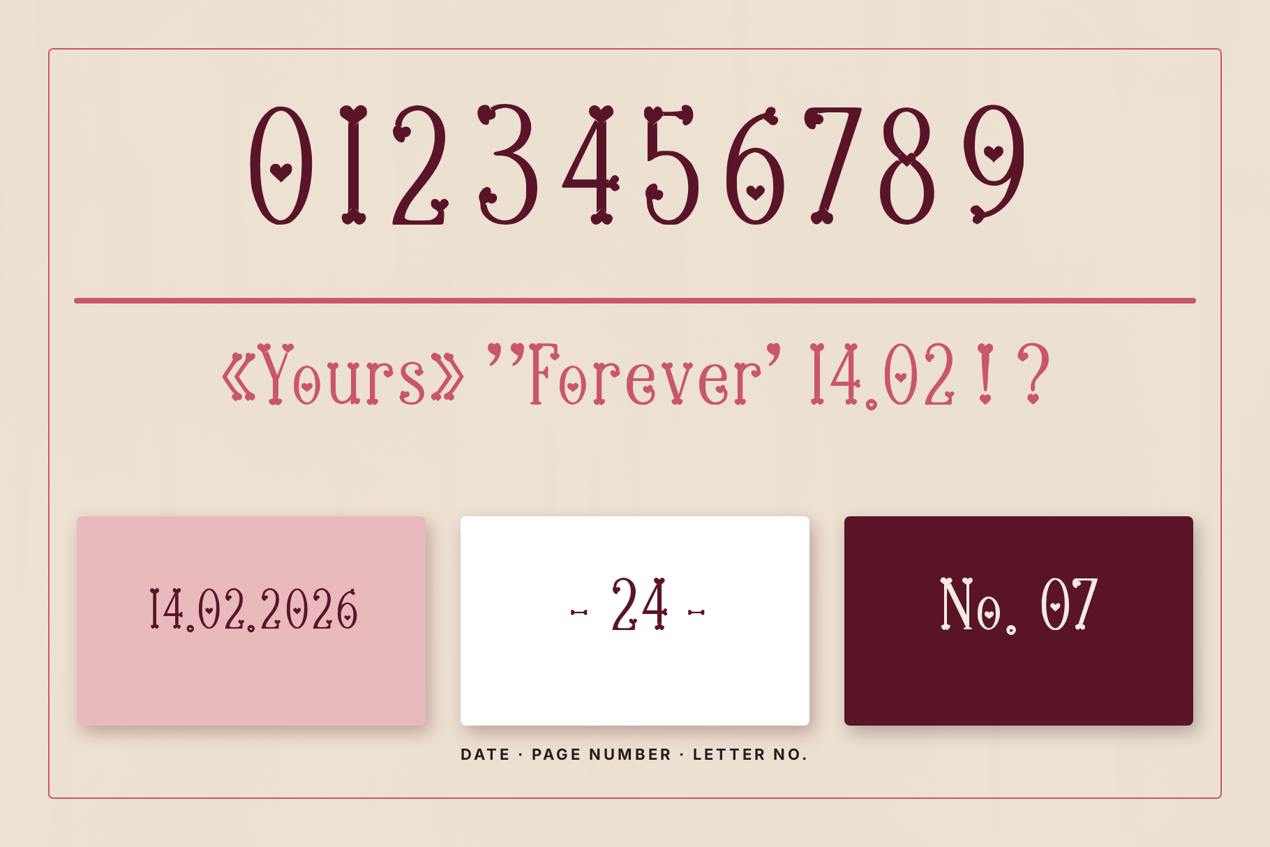 Heartbound Aafiyah figures 0 to 9 with hearts inside, plus quotes, a 14.02.2026 date and No. 07 tiles