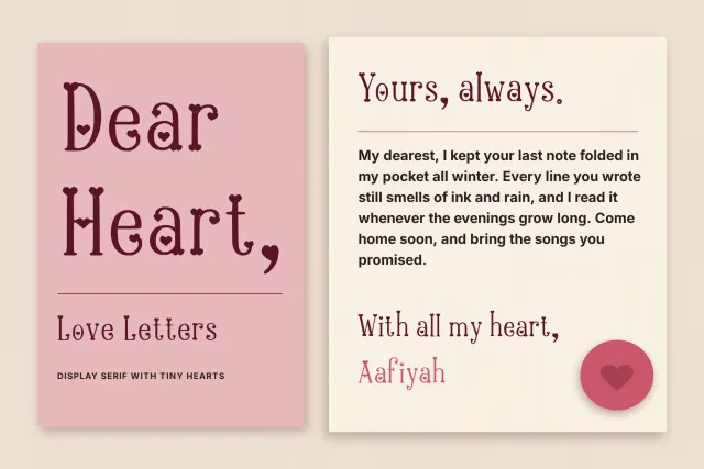 Heartbound Aafiyah type sample with a Dear Heart card and a love letter signed With all my heart, Aafiyah