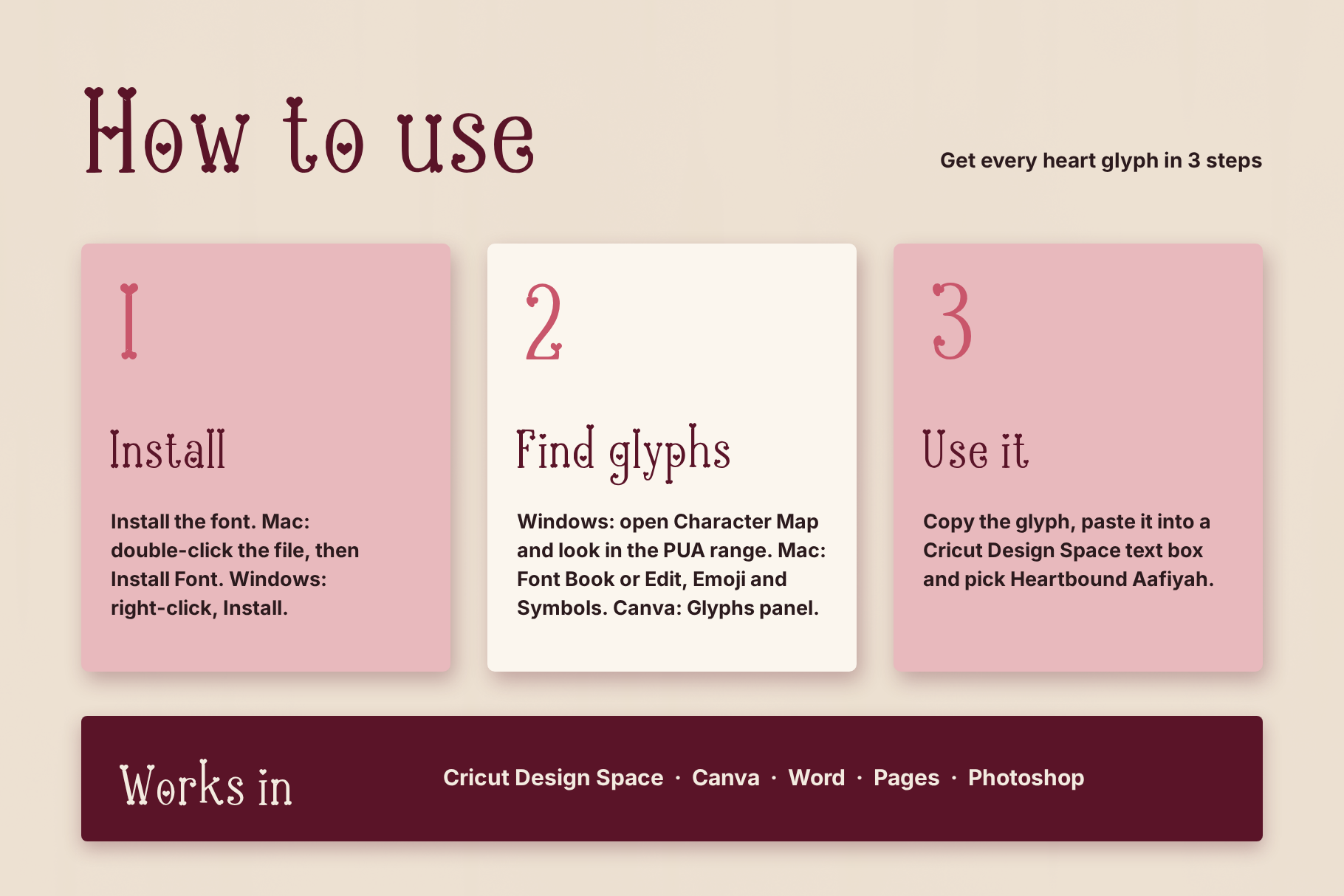 Heartbound Aafiyah how to use card with Install, Find glyphs and Use it steps and a list of apps