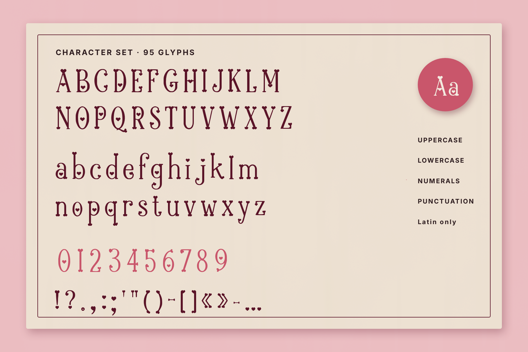 Heartbound Aafiyah character set showing uppercase, lowercase, numerals and punctuation on cream