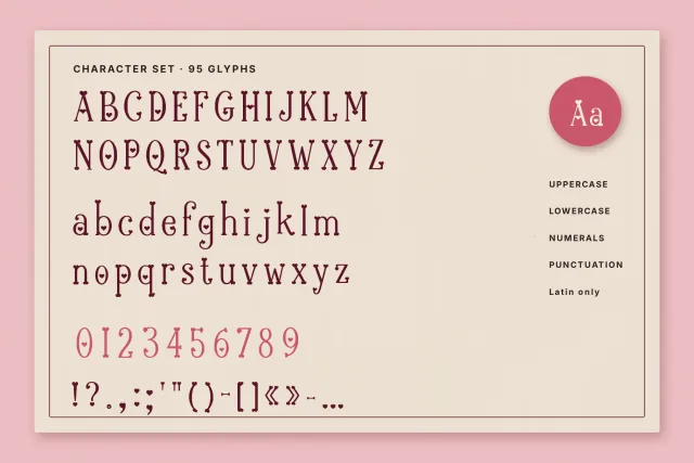 Heartbound Aafiyah character set showing uppercase, lowercase, numerals and punctuation on cream
