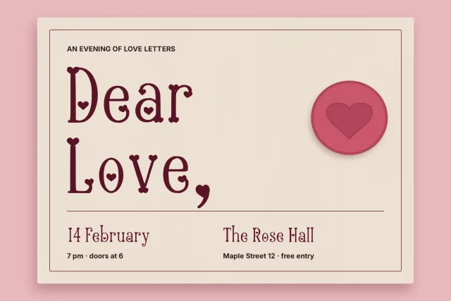 Heartbound Aafiyah event poster with Dear Love, 14 February and The Rose Hall next to a heart seal