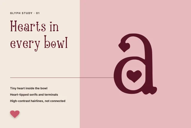 Heartbound Aafiyah giant lowercase a with a heart in the bowl and heart-tipped terminals on pink