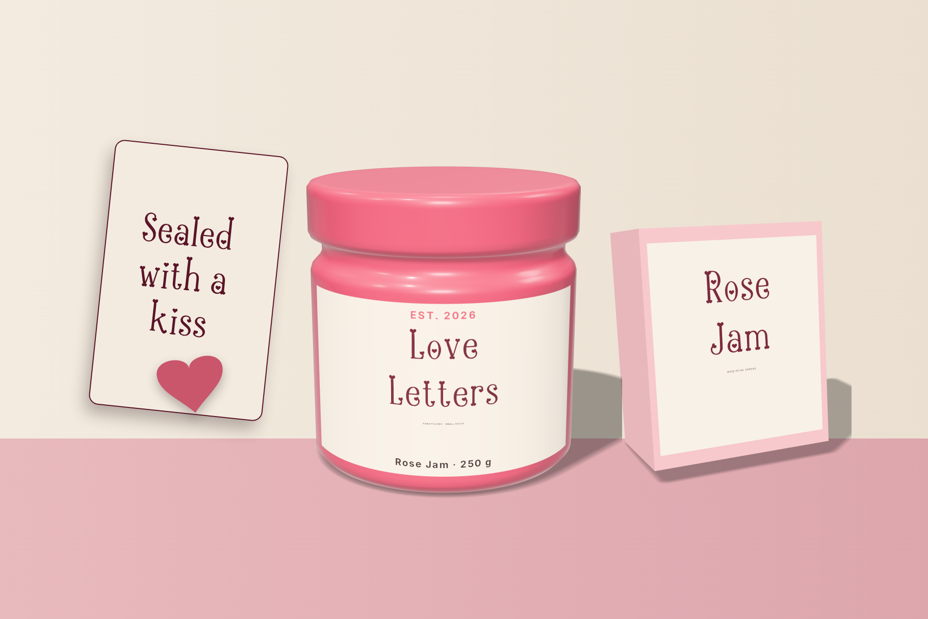 Heartbound Aafiyah packaging with a Love Letters rose jam jar, a Rose Jam box and a Sealed with a kiss tag