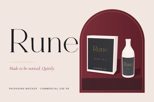 BridleRune packaging mockup with Rune in gold on a black perfume box and a white bottle with a black label