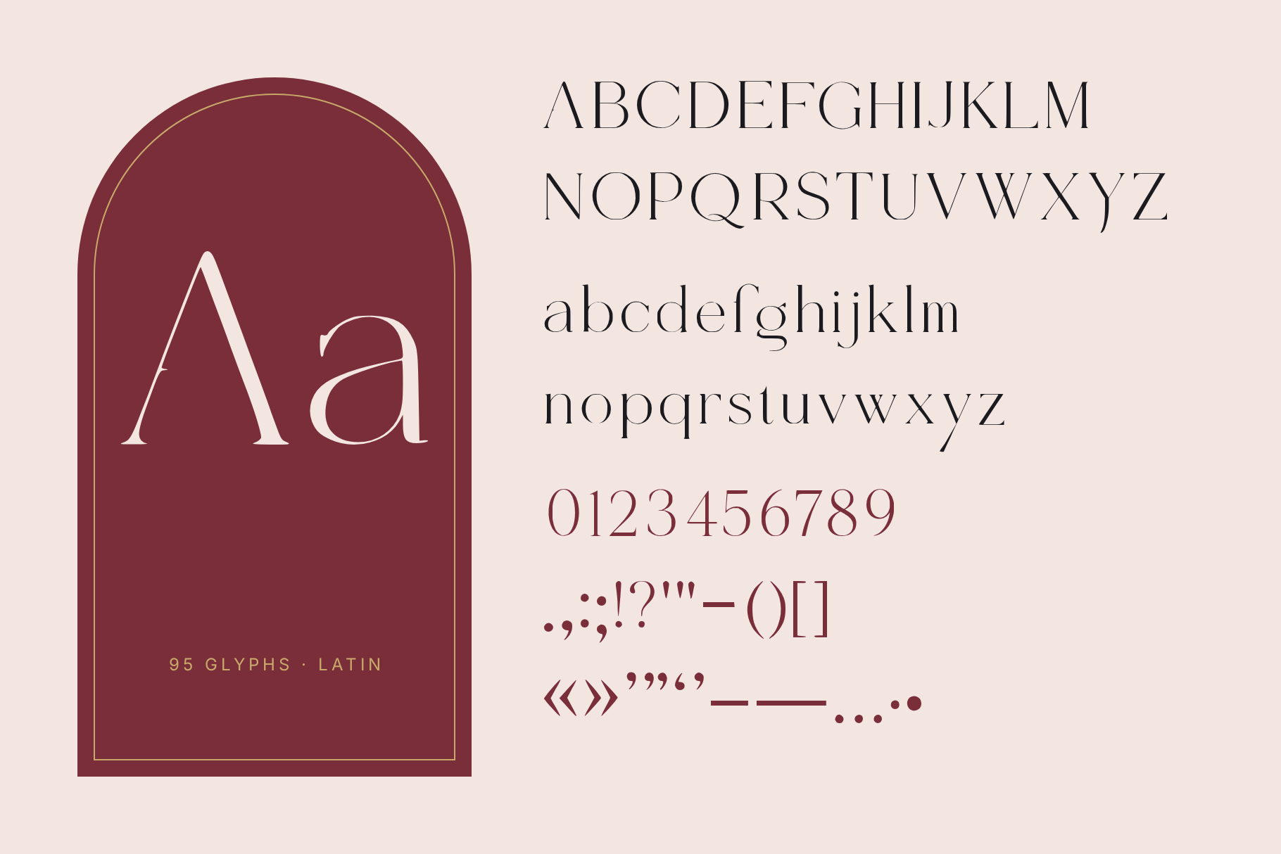 BridleRune character set with capitals, lowercase, figures and punctuation beside a burgundy Aa
