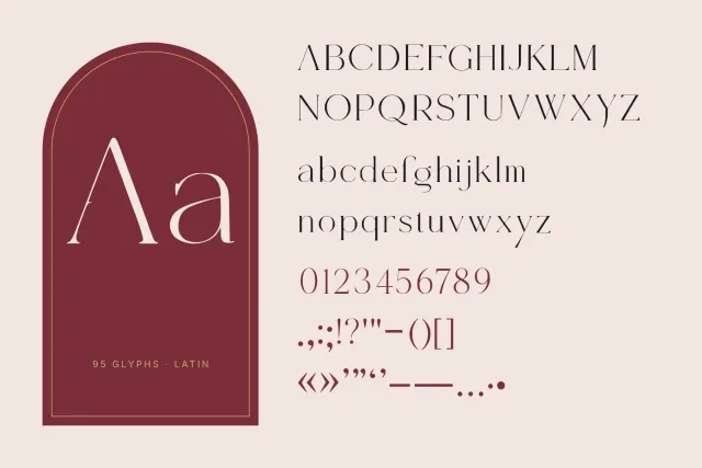 BridleRune character set with capitals, lowercase, figures and punctuation beside a burgundy Aa
