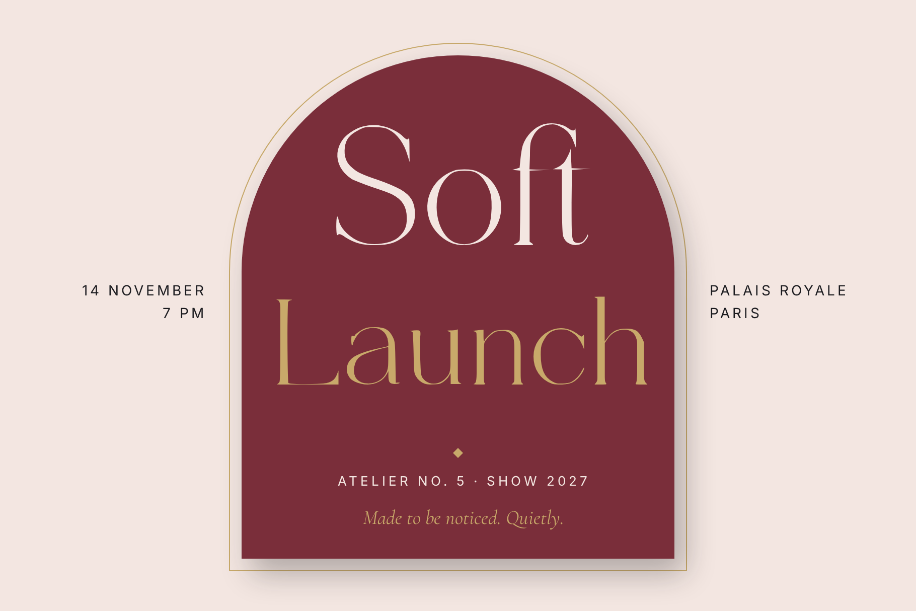 BridleRune event poster Soft Launch in cream and gold letters on a burgundy arched panel