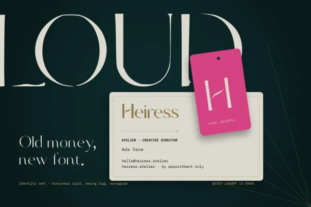 Maison Hairline identity set with LOUD in large caps, a Heiress business card and a pink H swing tag